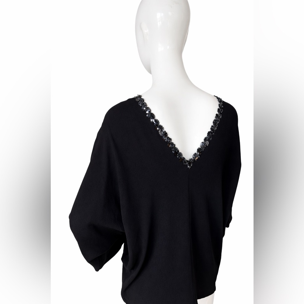 Yves Saint Laurent Black Batwing Top | Sequin Trim Draped Blouse Made in France